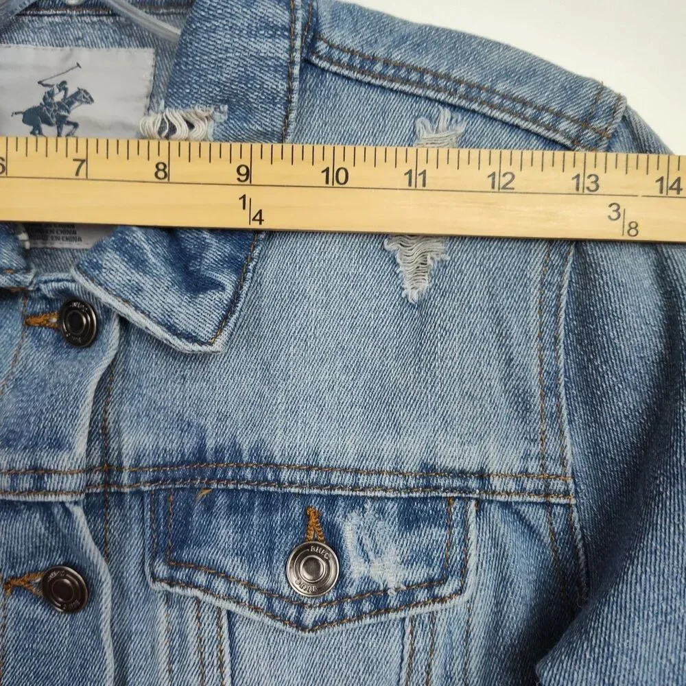 Beverly Hills Polo Club Denim Jacket Girls Size 14‎ Blue Distressed Button Close